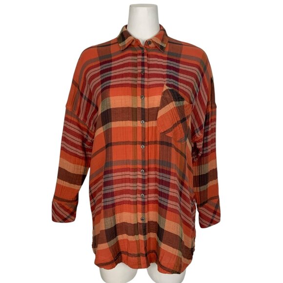 Free People Year Round Buttondown Shirt XS Orange Plaid Oversized Fall Fashion - Picture 1 of 14